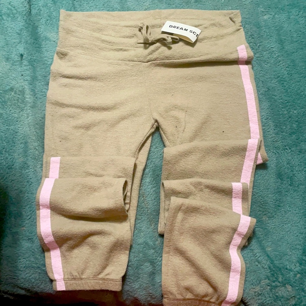 DREAM SCENE by WILDFOX SWEATPANTS Tan with Pink stripes size XS BRAND NEW W TAGS